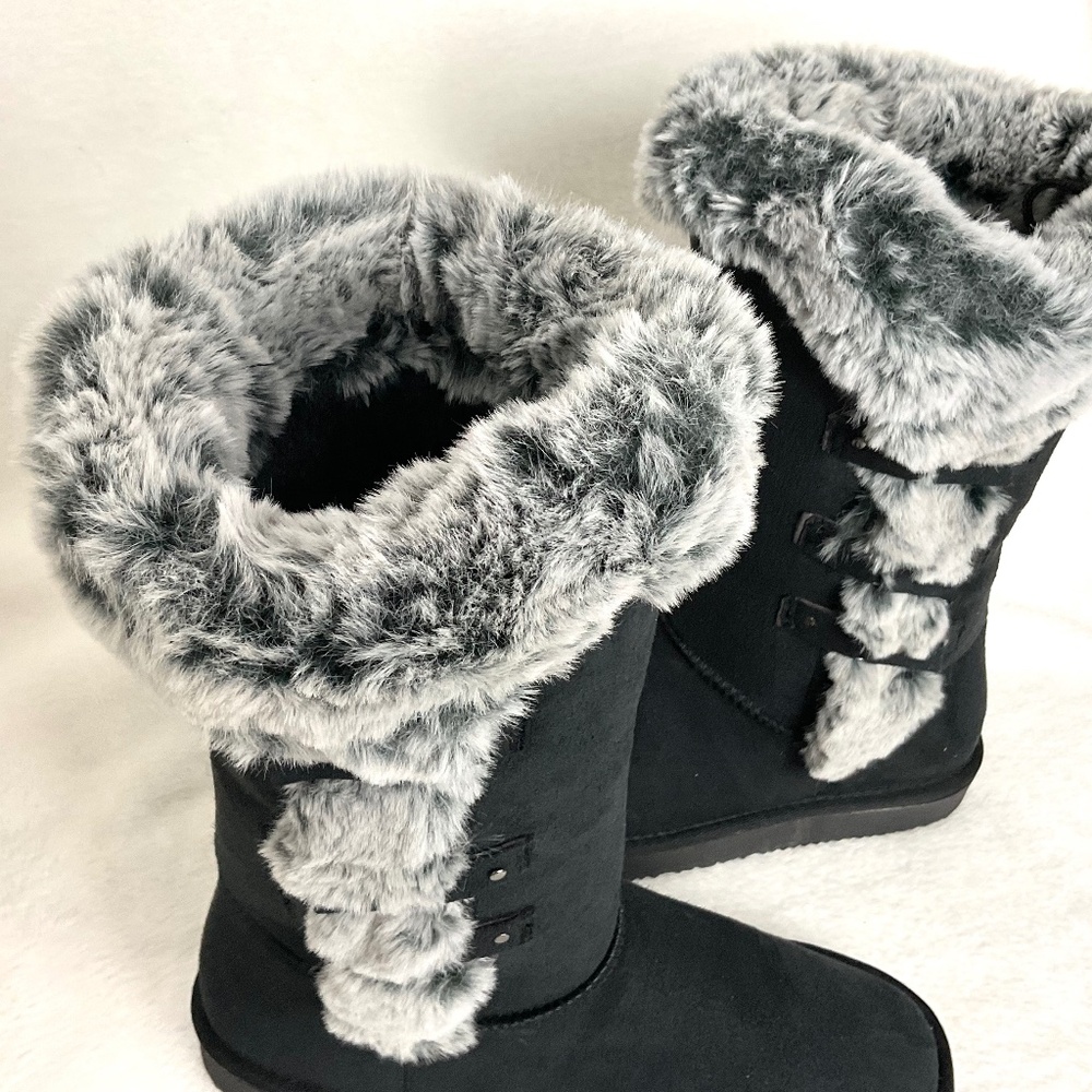 HStylish Black  Slip On Calf High Fur-Lined Waterproof Winter Snow Boot - Picture 5 of 15